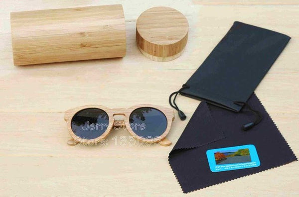 BerWer Unisex  Bamboo Wooden Round Frame Sunglasses