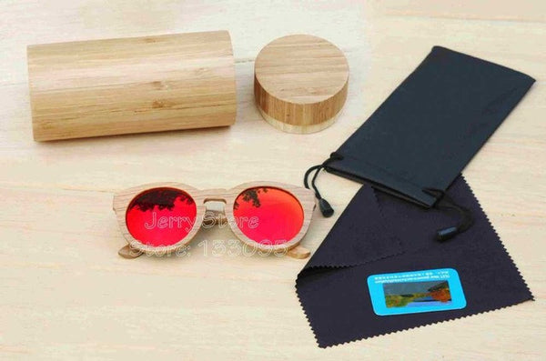 BerWer Unisex  Bamboo Wooden Round Frame Sunglasses