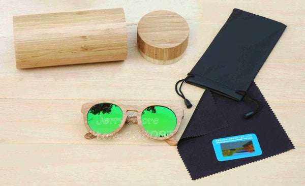 BerWer Unisex  Bamboo Wooden Round Frame Sunglasses
