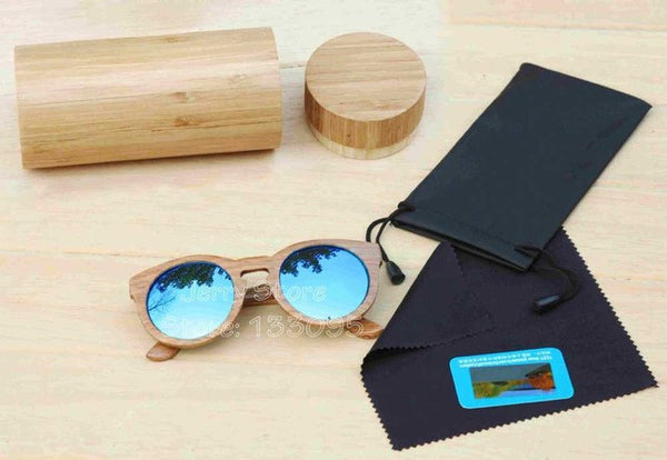 BerWer Unisex  Bamboo Wooden Round Frame Sunglasses