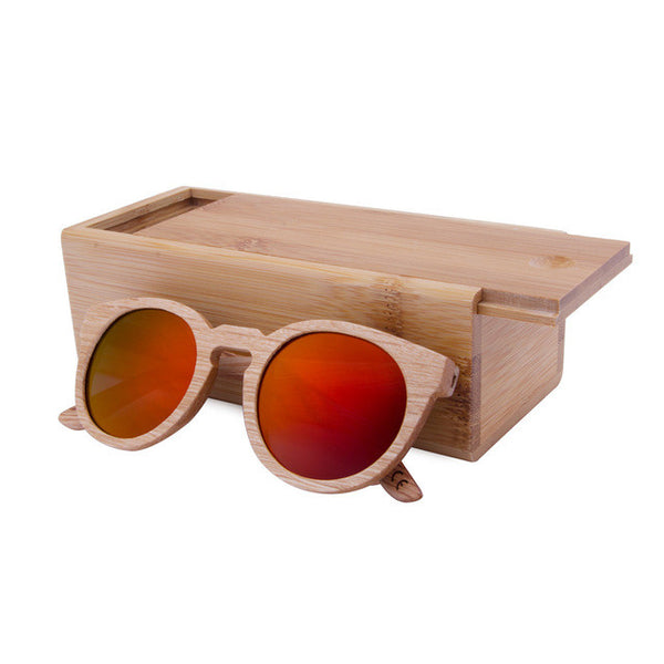 BerWer Unisex  Bamboo Wooden Round Frame Sunglasses